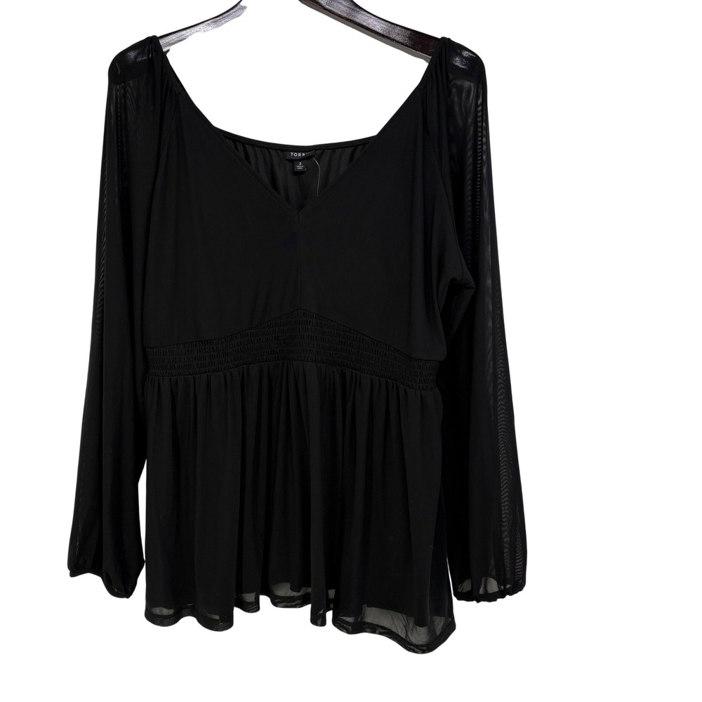 Torrid Black Mesh Peasant Babydoll Top Sheer Long Sleeve V-Neck Plus Size 3 3X